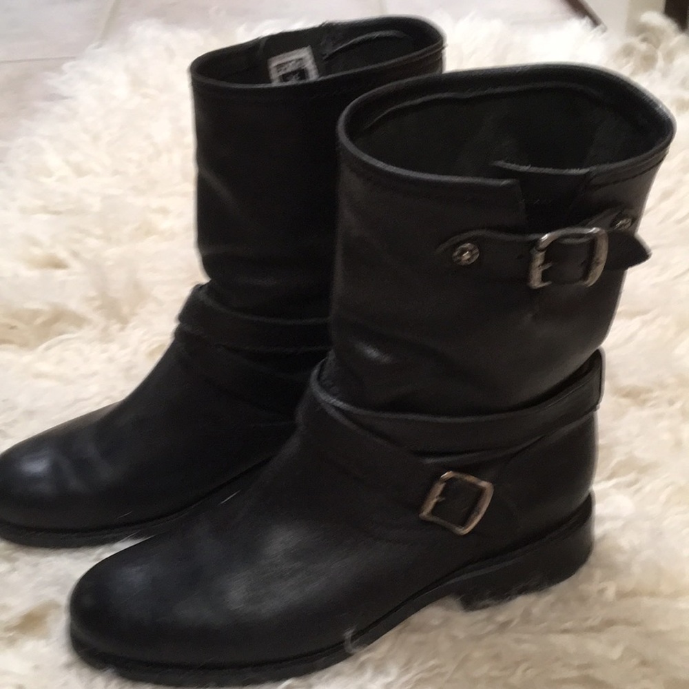 Frye Black Leather Combat Moto Boots